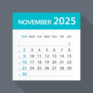Kasım 2025 Yeşil Yaprak Takvimi - Vektör İllüstrasyonu