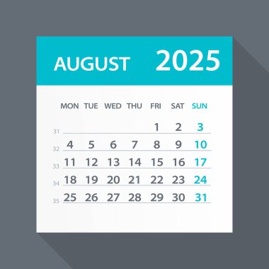 Ağustos 2025 Yaprak Takvimi - Vektör İllüstrasyonu. Hafta pazartesi başlıyor.