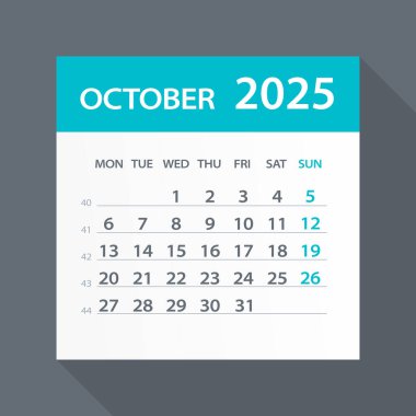 Ekim 2025 Yeşil Yaprak Takvimi - Vektör İllüstrasyonu. Hafta pazartesi başlıyor.
