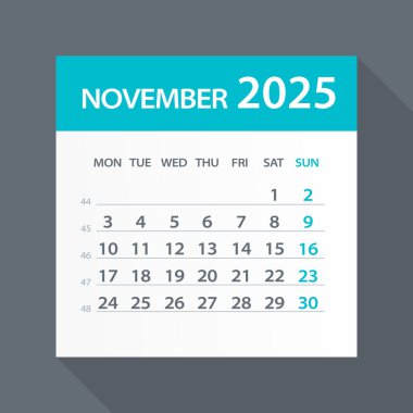 Kasım 2025 Yeşil Yaprak Takvimi - Vektör İllüstrasyonu. Hafta pazartesi başlıyor.