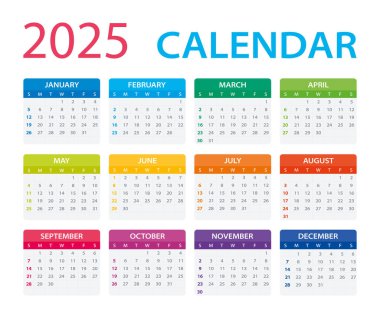 2025 Takvim - vektör çizimi. Hafta pazar günü başlıyor.