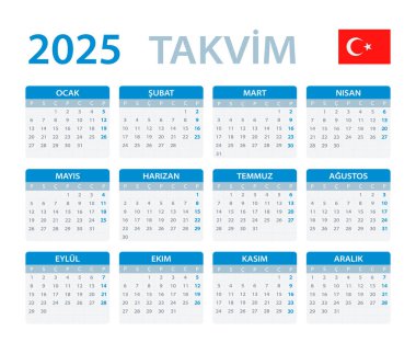 2025 Takvim - vektör şablon grafik illüstrasyonu - Türkçe sürümü