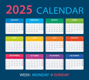 2025 takviminin renk şablonu - Pazartesiden pazara
