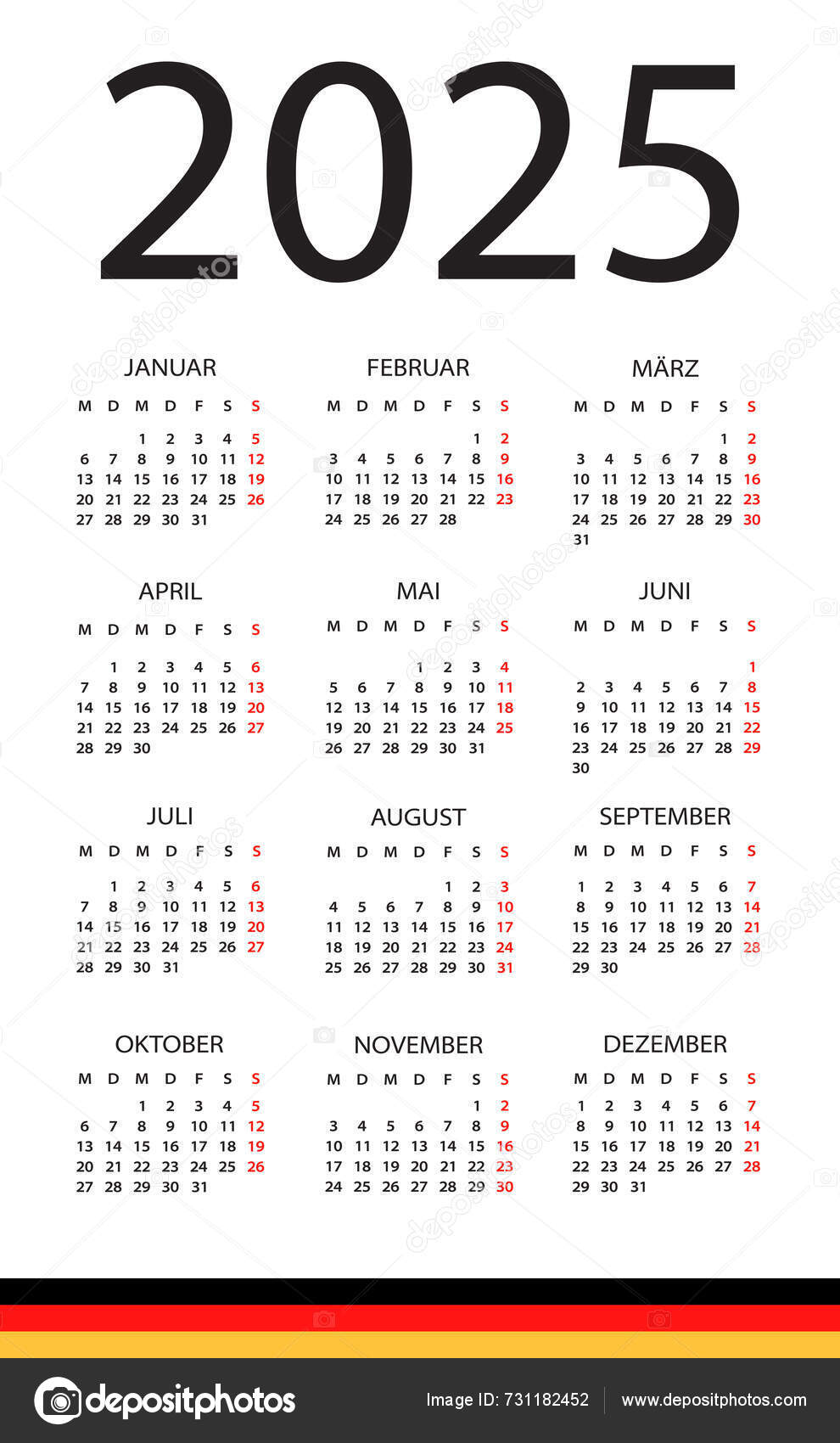 Calendar 2025 Year Vector Illustration German Version Stock Vector by