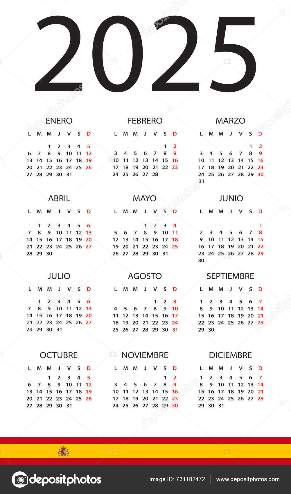 Calendar 2025 Year Vector Illustration Spanish Version Stock Vector by