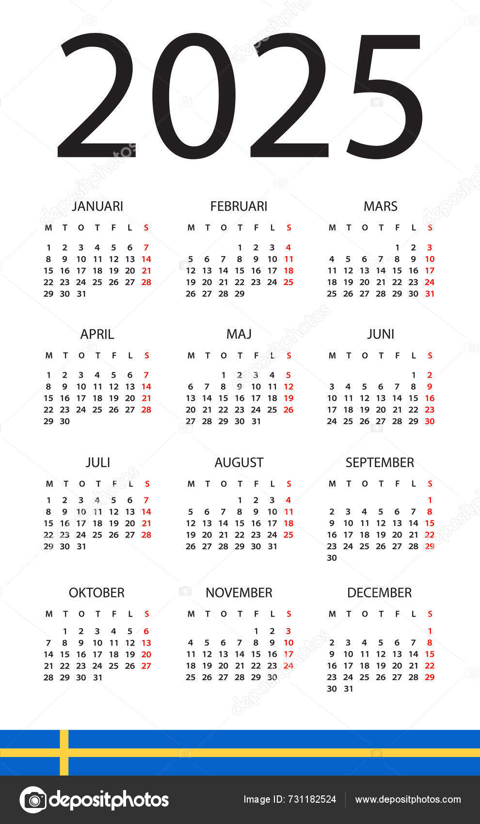 Calendar 2025 Year Vector Illustration Swedish Version Stock Vector by