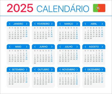 2025 takvimi - Portekizce sürümü - Vektör Şablonu