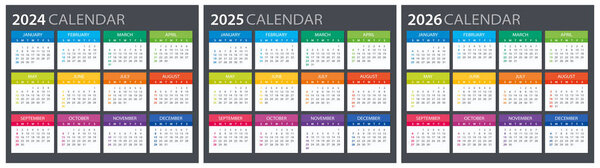 2024, 2025, 2026 Calendar - illustration. Template. Mock up