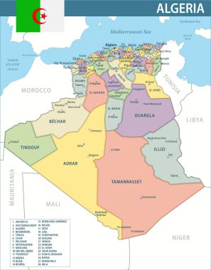 Cezayir Haritası Vektörü Yeni 2024 Renkli - Cezayir 'in idari bölümleri web sitesi, eğitim, raporlar, haberler, haberler, politika, baskı, poster ve duvar kağıdı ile özelleştirilebilir politik haritası