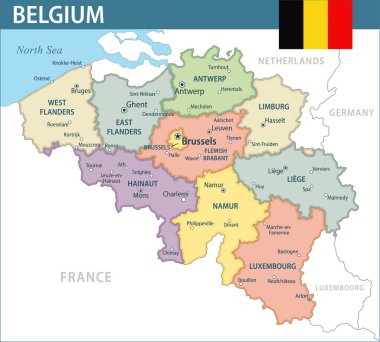 Belçika Harita Vektörü Yeni 2024 Renkli - İnternet sitesi, eğitim, raporlar, haberler, politika, baskı, poster ve duvar kağıdı için idari bölümlere sahip Belçika 'nın özelleştirilebilir siyasi haritası