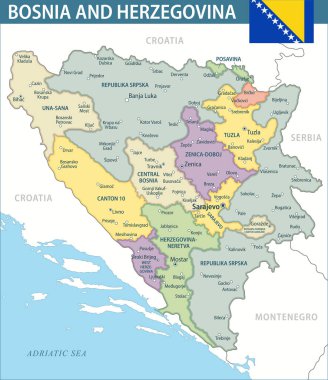 Bosna-Hersek Harita Vektörü Yeni 2024 Renkli - Bosna-Hersek 'in idari bölümleri İnternet sitesi, eğitim, raporlar, haberler, siyaset ve baskı için özelleştirilebilir siyasi haritası