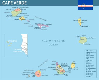 Cape Verde Harita Vektörü Yeni 2024 Renkli - Cape Verde 'nin idari bölümleri web sitesi, eğitim, haber, politika, baskı, poster ve duvar kağıdı için özelleştirilebilir siyasi haritası