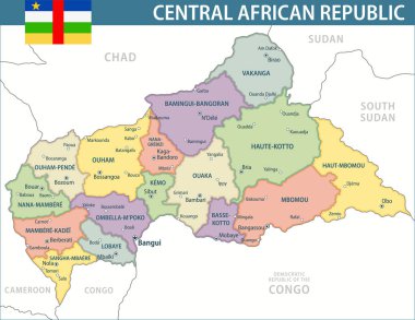 Orta Afrika Cumhuriyeti Harita Vektörü Yeni 2024 Renkli - Orta Afrika Cumhuriyeti 'nin idari bölümleri web sitesi, eğitim, raporlar, haberler, siyaset için özelleştirilebilir siyasi haritası
