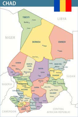 Chad Map Vector New 2024 Colorful - Customizable layered political map of Chad with administrative divisions for website, education, reports, news, politics, print, poster and wallpaper clipart