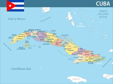 Küba Harita Vektörü Yeni 2024 Renkli - İnternet sitesi, eğitim, raporlar, haber, politika, baskı, poster ve duvar kağıdı idari bölümleri ile Küba 'nın özelleştirilebilir siyasi haritası