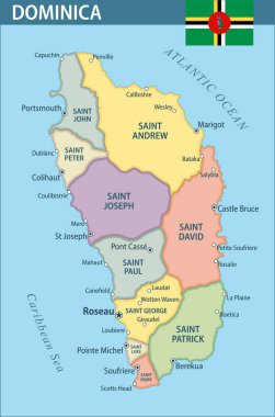 Dominica Harita Vektörü Yeni 2024 Renkli - Web sitesi, eğitim, raporlar, haberler, haberler, haberler, siyaset, baskı, poster ve duvar kağıdı için idari bölümlere sahip Dominica 'nın özelleştirilebilir siyasi haritası