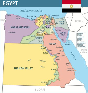 Mısır Harita Vektörü Yeni 2024 Mısırın özelleştirilebilir politik haritası web sitesi, eğitim, raporlar, haberler, haberler, politika, baskı, poster ve duvar kağıdı için idari bölümler