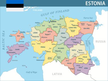 Estonya Harita Vektörü Yeni 2024 Renkli - Web sitesi, eğitim, raporlar, haberler, haberler, haberler, siyaset, baskı, poster ve duvar kağıdı için idari bölümlere sahip Estonya 'nın özelleştirilebilir siyasi haritası