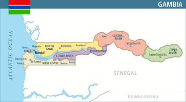 Gambiya Harita Vektörü Yeni 2024 Renkli - Web sitesi, eğitim, raporlar, haberler, haberler, politika, baskı, poster ve duvar kağıdı için idari bölümlere sahip Gambiya 'nın özelleştirilebilir siyasi haritası