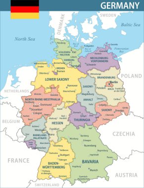 Almanya Harita Vektörü Yeni 2024 Renkli - Almanya 'nın web sitesi, eğitim, raporlar, haber, politika, baskı, poster ve duvar kağıdı idari bölümleri ile özelleştirilebilir siyasi haritası