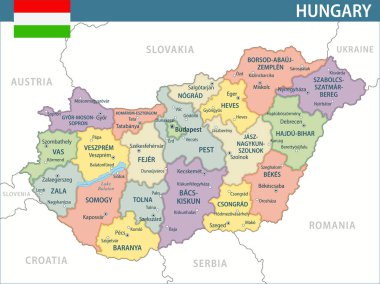 Macaristan Harita Vektörü Yeni 2024 Renkli - Macaristan 'ın web sitesi, eğitim, raporlar, haberler, haberler, politika, baskı, poster ve duvar kağıdı için idari bölümleri ile özelleştirilebilir siyasi haritası