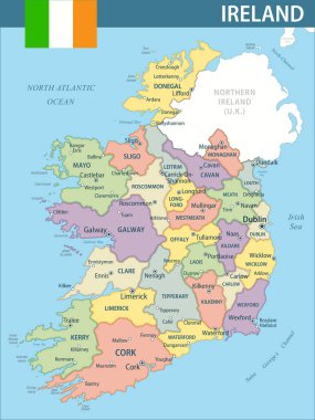 İrlanda Harita Vektörü Yeni 2024 İrlanda 'nın özelleştirilebilir politik haritası web sitesi, eğitim, raporlar, haber, politika, baskı, poster ve duvar kağıdı idari bölümleriyle