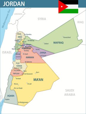 Ürdün Harita Vektörü Yeni 2024 Ürdün 'ün özelleştirilebilir siyasi haritası web sitesi, eğitim, raporlar, haber, politika, baskı, poster ve duvar kağıdı idari bölümleri