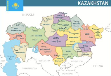 Kazakistan Harita Vektörü Yeni 2024 Renkli Kazakistan 'ın idari bölümleri web sitesi, eğitim, haber, politika, baskı, poster ve duvar kağıdı ile özelleştirilebilir siyasi haritası