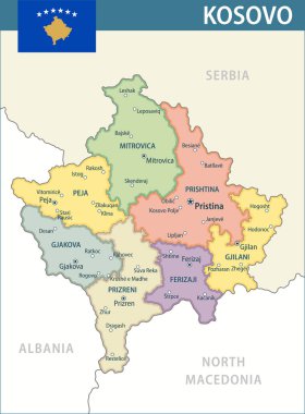 Kosova Harita Vektörü Yeni 2024 Renkli - İnternet sitesi, eğitim, raporlar, haber, siyaset, baskı, poster ve duvar kağıdı idari bölümleriyle Kosova 'nın özelleştirilebilir siyasi haritası