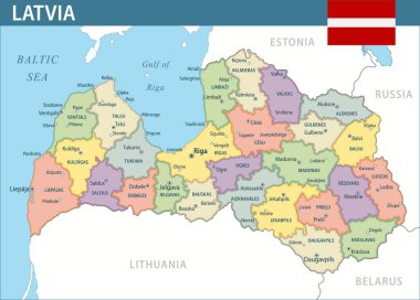 Letonya Harita Vektörü Yeni 2024 Renkli - İnternet sitesi, eğitim, raporlar, haber, politika, baskı, poster ve duvar kağıdı için idari bölümlere sahip Letonya 'nın özelleştirilebilir siyasi haritası