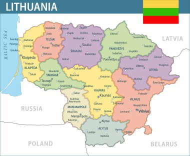 Litvanya Harita Vektörü Yeni 2024 Renkli - Litvanya 'nın idari bölümleri web sitesi, eğitim, haberler, haberler, politika, baskı, poster ve duvar kağıdı ile özelleştirilebilir siyasi haritası