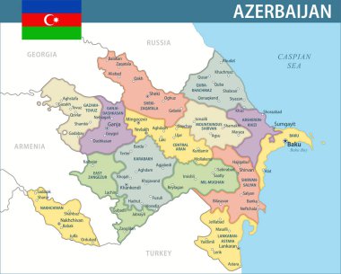 Azerbaycan Harita Vektörü Yeni 2024 Renkli - Web sitesi, eğitim, haber, politika, baskı, poster ve duvar kağıdı idari bölümleri ile Azerbaycan 'ın özelleştirilebilir siyasi haritası