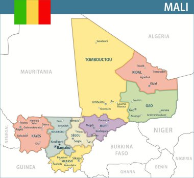 Mali Harita Vektörü Yeni 2024 Renkli - Web sitesi, eğitim, raporlar, haber, politika, baskı, poster ve duvar kağıdı idari bölümleri ile özelleştirilebilir Mali siyasi haritası
