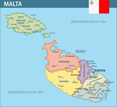 Malta Harita Vektörü Yeni 2024 Renkli - Web sitesi, eğitim, raporlar, haber, politika, baskı, poster ve duvar kağıdı idari bölümleri ile özelleştirilebilir Malta siyasi haritası