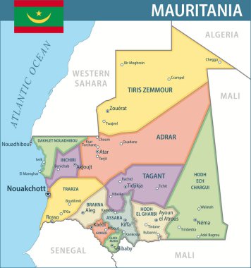 Mauritania Map Vector New 2024 Colorful - Customizable layered political map of Mauritania with administrative divisions for website, education, reports, news, politics, print, poster and wallpaper clipart