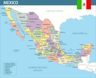 Meksika Harita Vektörü Yeni 2024 Meksika 'nın özelleştirilebilir politik haritası web sitesi, eğitim, raporlar, haber, politika, baskı, poster ve duvar kağıdı idari bölümleri