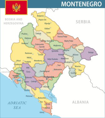 Karadağ Yeni 2024 Renkli Harita Vektörü - Karadağ 'ın web sitesi, eğitim, raporlar, haberler, haberler, siyaset, baskı, poster ve duvar kağıdı idari bölümleriyle özelleştirilebilir siyasi haritası