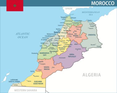 Fas Harita Vektörü Yeni 2024 Renkli - İnternet sitesi, eğitim, raporlar, haberler, politika, baskı, poster ve duvar kağıdı için idari bölümleri ile özelleştirilebilir Fas siyasi haritası