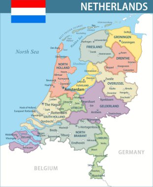Hollanda Harita Vektörü Yeni 2024 Renkli - Web sitesi, eğitim, raporlar, haberler, haberler, politika, baskı, poster ve duvar kağıdı için idari bölümlere sahip Hollanda 'nın özelleştirilebilir siyasi haritası