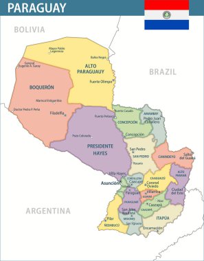 Paraguay Harita Vektörü Yeni 2024 Renkli - Web sitesi, eğitim, raporlar, haberler, haberler, politika, baskı, poster ve duvar kağıdı için idari bölümlere sahip Paraguay 'ın özelleştirilebilir politik haritası