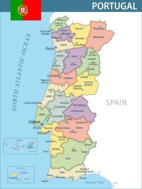 Portekiz Harita Vektörü Yeni 2024 Renkli - İnternet sitesi, eğitim, raporlar, haberler, haber, politika, baskı, poster ve duvar kağıdı için idari bölümlere sahip Portekiz 'in özelleştirilebilir siyasi haritası