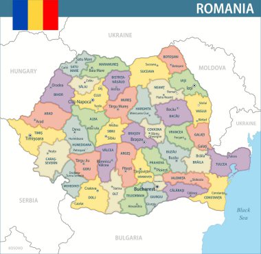 Romanya Harita Vektörü Yeni 2024 Renkli - Romanya 'nın web sitesi, eğitim, raporlar, haberler, haberler, siyaset, baskı, poster ve duvar kağıdı idari bölümleriyle özelleştirilebilir siyasi haritası