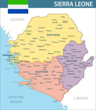 Sierra Leone Harita Vektörü Yeni 2024 Renkli - Sierra Leone 'nin idari bölümleri web sitesi, eğitim, haberler, haberler, politika, baskı, poster için özelleştirilebilir politik haritası