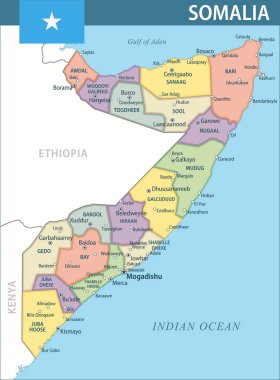 Somali Harita Vektörü Yeni 2024 Renkli - İnternet sitesi, eğitim, raporlar, haberler, politika, baskı, poster ve duvar kağıdı için idari bölümleri olan Somali 'nin özelleştirilebilir siyasi haritası