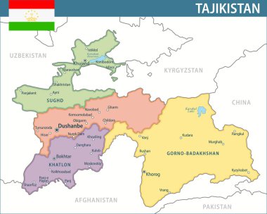 Tajikistan Map Vector New 2024 Colorful - Customizable layered political map of Tajikistan with administrative divisions for website, education, reports, news, politics, print, poster and wallpaper clipart