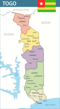 Togo Map Vector New 2024 Colorful - Customizable layered political map of Togo with administrative divisions for website, education, reports, news, politics, print, poster and wallpaper clipart