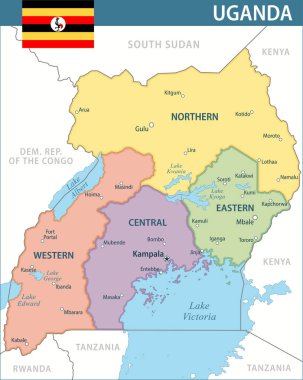 Uganda Harita Vektörü Yeni 2024 Renkli - Web sitesi, eğitim, raporlar, haber, politika, baskı, poster ve duvar kağıdı idari bölümleri ile özelleştirilebilir Uganda siyasi haritası