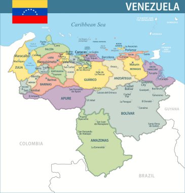 Venezuela Harita Vektörü Yeni 2024 Renkli - Web sitesi, eğitim, raporlar, haberler, politika, baskı, poster ve duvar kağıdı için idari bölümleri olan Venezuela 'nın özelleştirilebilir politik haritası