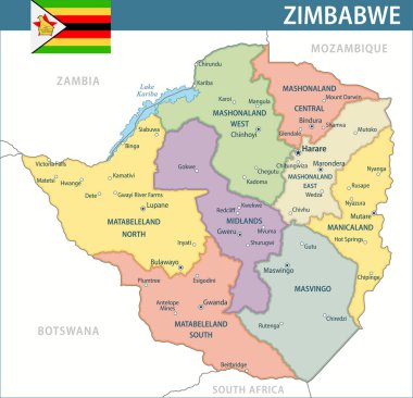 Zimbabwe Harita Vektörü Yeni 2024 Renkli - Zimbabwe 'nin idari bölümleri web sitesi, eğitim, haberler, haberler, politika, baskı, poster ve duvar kağıdı ile özelleştirilebilir siyasi haritası