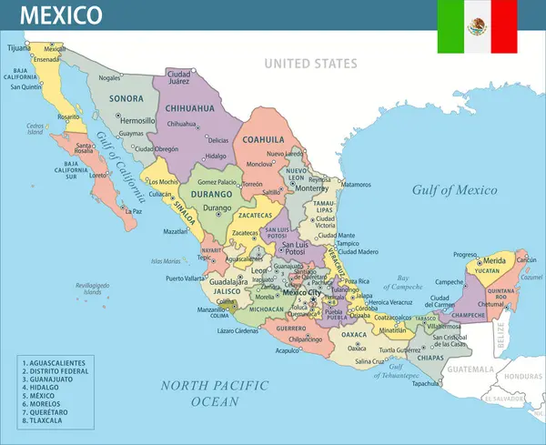 Meksika Harita Vektörü Yeni 2024 Meksika 'nın özelleştirilebilir politik haritası web sitesi, eğitim, raporlar, haber, politika, baskı, poster ve duvar kağıdı idari bölümleri